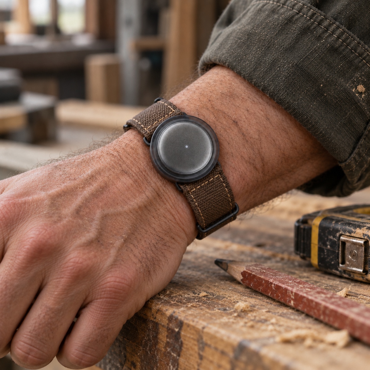 Wearable concept: a small microphone on a brown canvas wrist strap